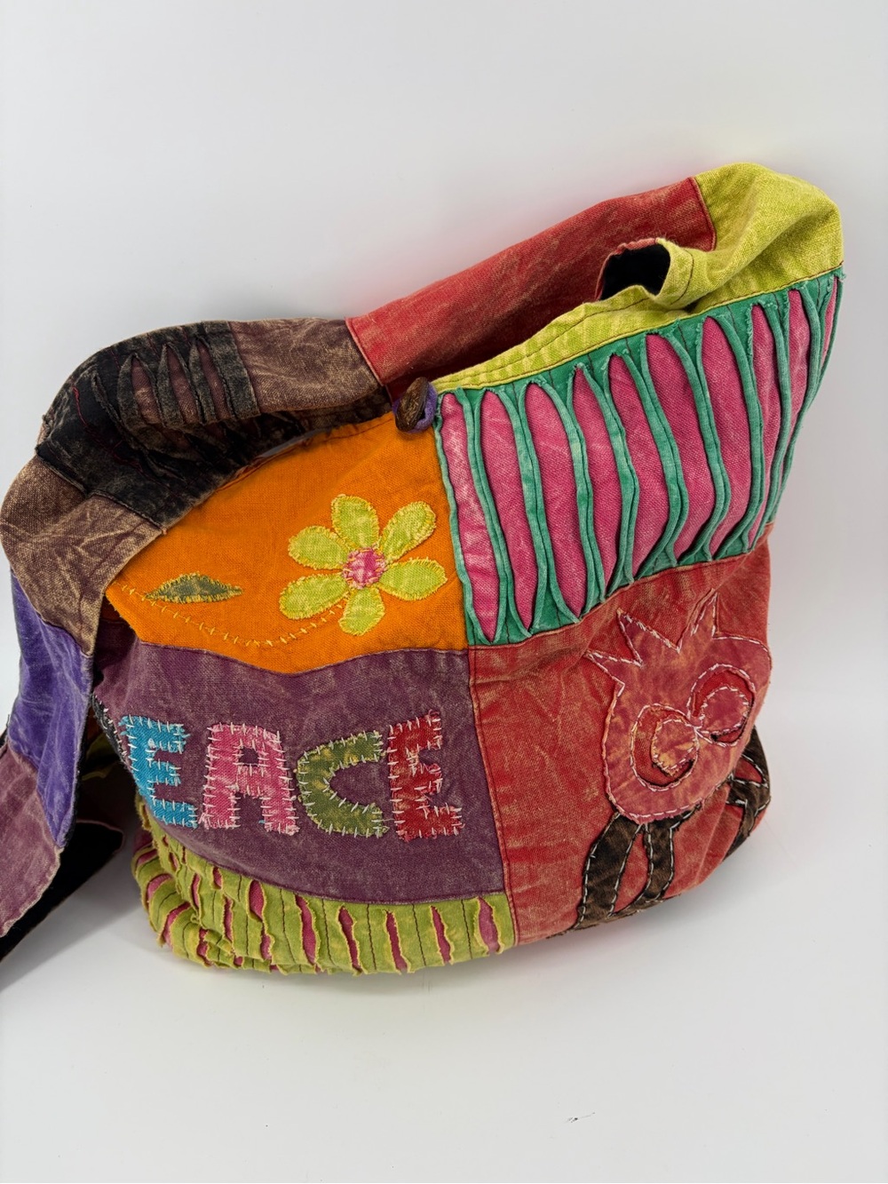 Boho Patchwork Peace/Owl Floral Hobo Bag in Multicolor Cotton Made in Nepal